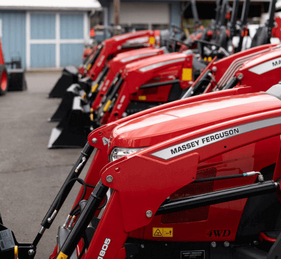 Closeup of Massey Ferguson tractors on-lot at Fischer Mill Supply, Inc.
